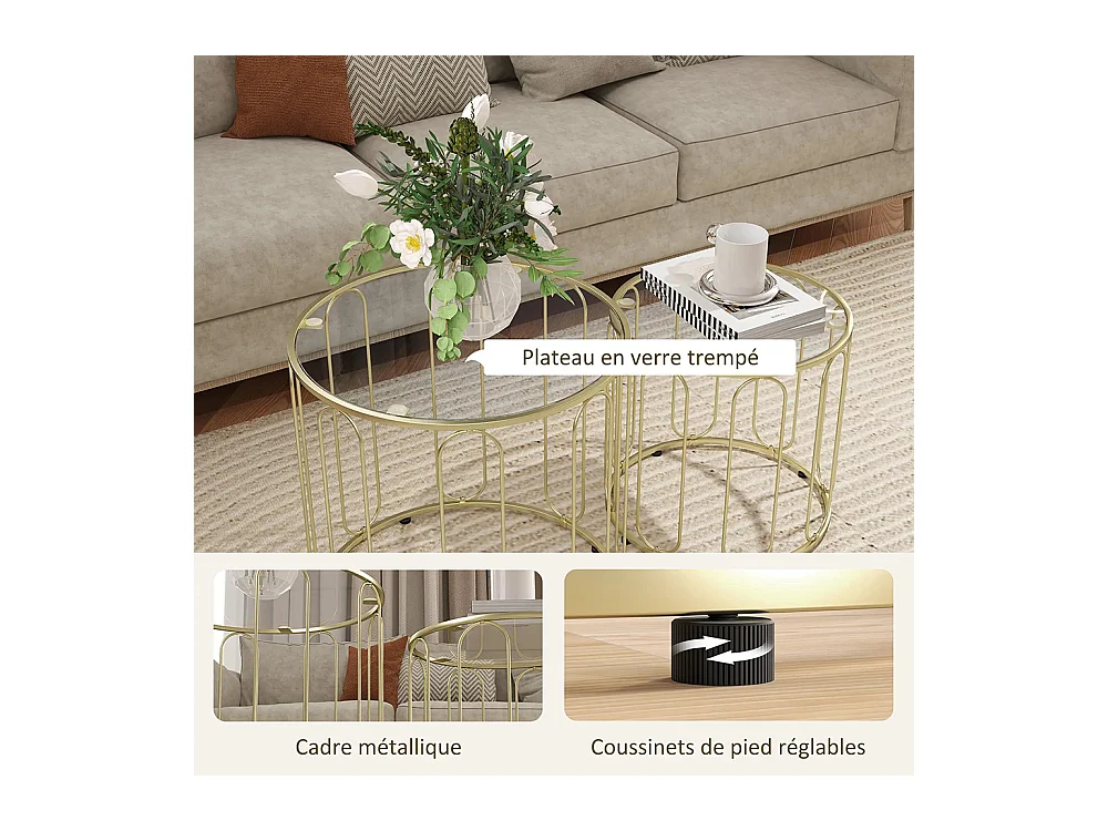 Lot de 2 tables basses gigognes rondes modernes avec cadre en métal et plateau en verre trempé, ton doré