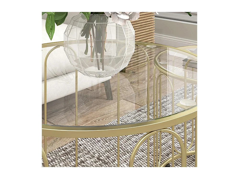 Lot de 2 tables basses gigognes rondes modernes avec cadre en métal et plateau en verre trempé, ton doré