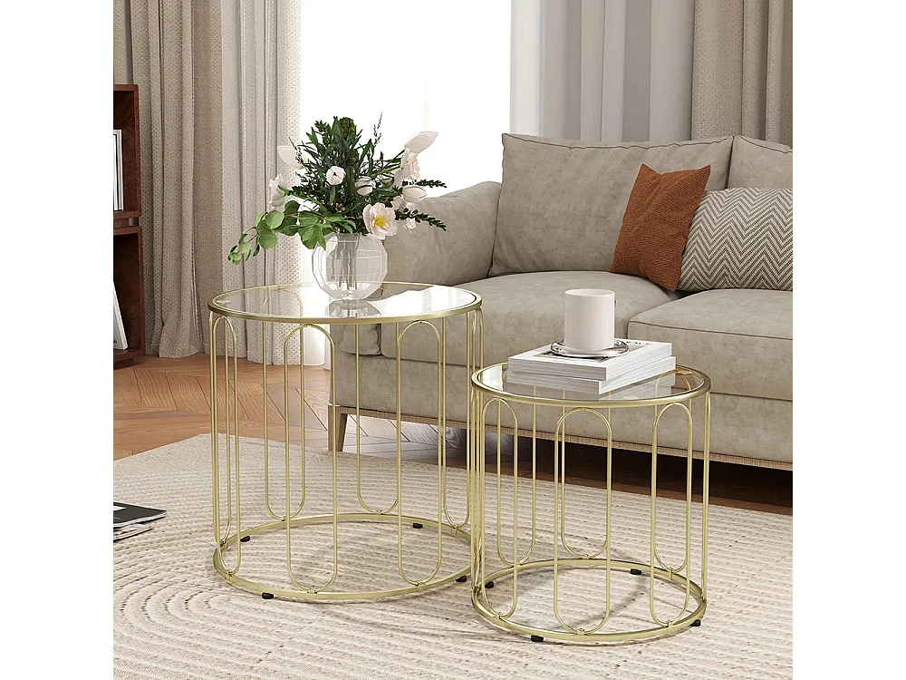 Lot de 2 tables basses gigognes rondes modernes avec cadre en métal et plateau en verre trempé, ton doré