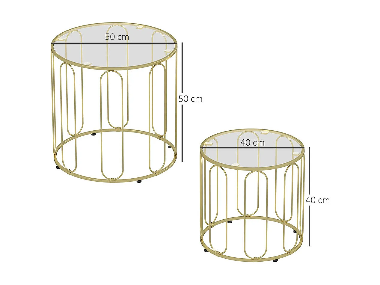 Lot de 2 tables basses gigognes rondes modernes avec cadre en métal et plateau en verre trempé, ton doré