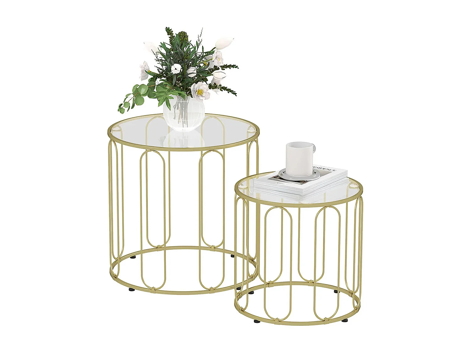 Lot de 2 tables basses gigognes rondes modernes avec cadre en métal et plateau en verre trempé, ton doré