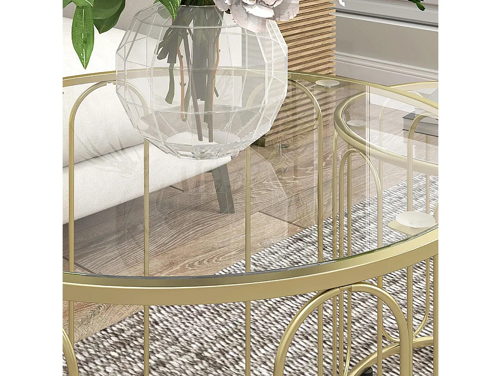 Lot de 2 tables basses gigognes rondes modernes avec cadre en métal et plateau en verre trempé, ton doré
