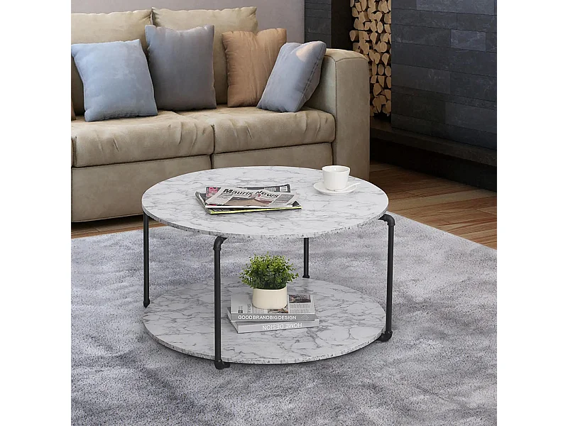 Table Basse Ronde avec étagère dim. Ø 80 x 45H cm Panneaux Particules Imitation marbre Blanc métal Noir