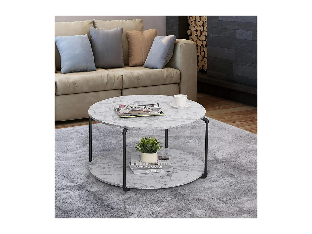 Table Basse Ronde avec étagère dim. Ø 80 x 45H cm Panneaux Particules Imitation marbre Blanc métal Noir