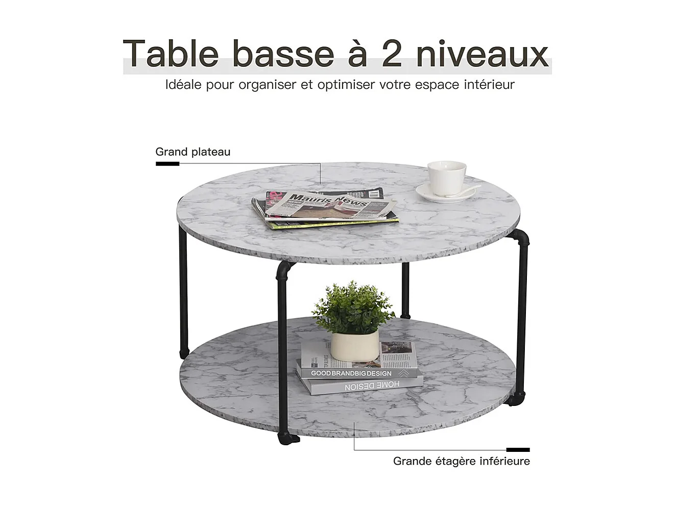 Table Basse Ronde avec étagère dim. Ø 80 x 45H cm Panneaux Particules Imitation marbre Blanc métal Noir