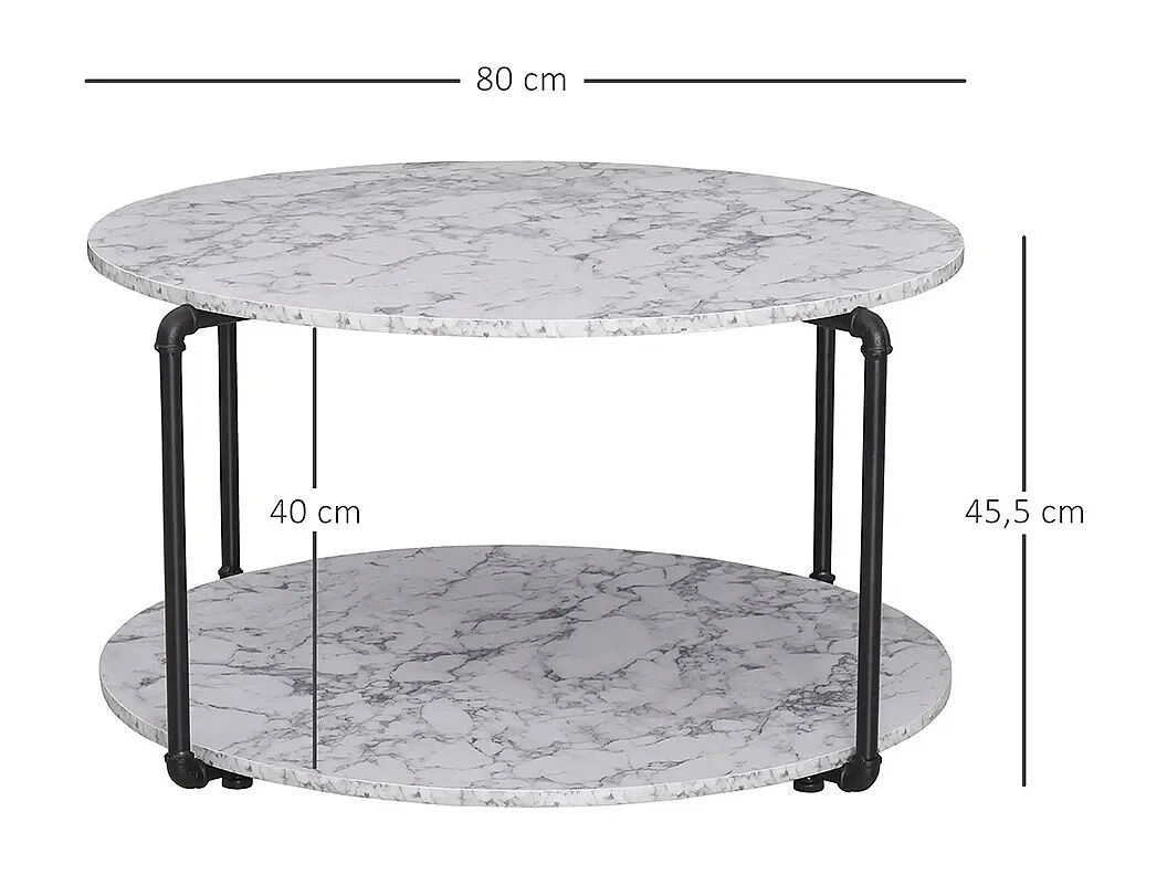 Table Basse Ronde avec étagère dim. Ø 80 x 45H cm Panneaux Particules Imitation marbre Blanc métal Noir