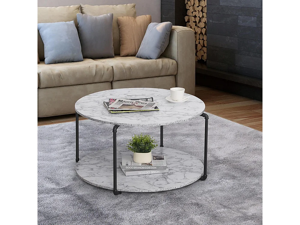 Table Basse Ronde avec étagère dim. Ø 80 x 45H cm Panneaux Particules Imitation marbre Blanc métal Noir