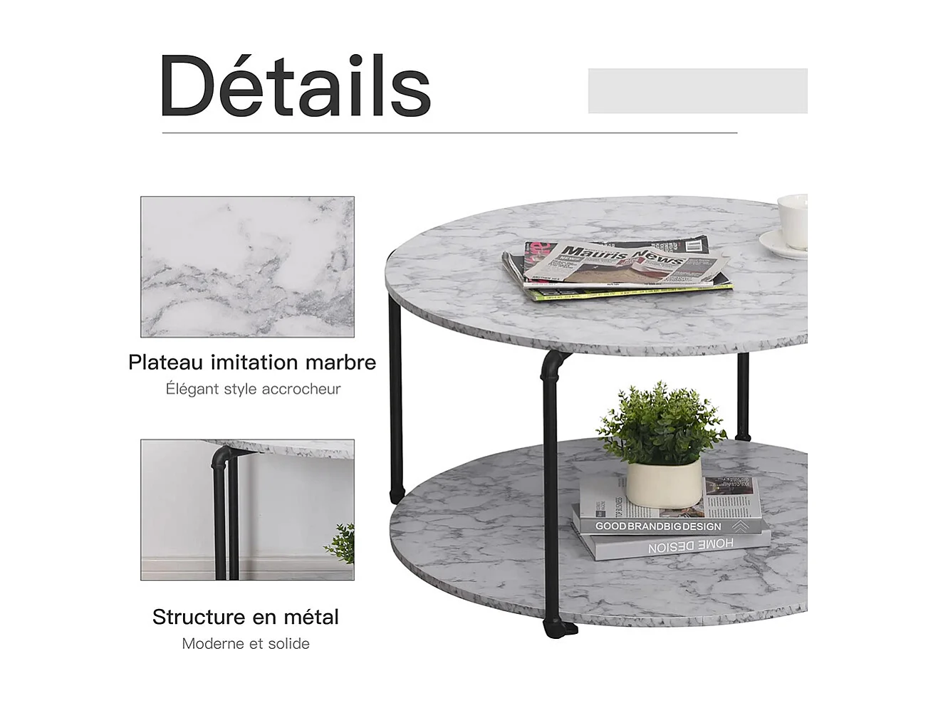 Table Basse Ronde avec étagère dim. Ø 80 x 45H cm Panneaux Particules Imitation marbre Blanc métal Noir