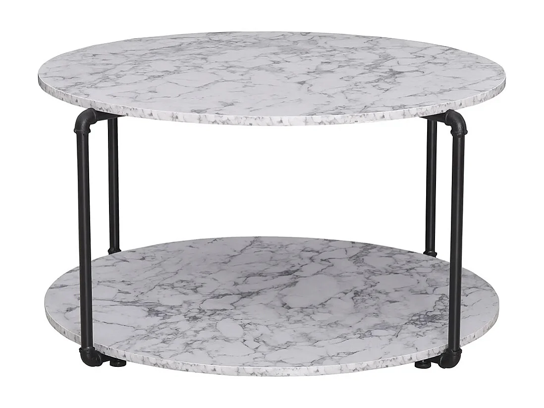 Table Basse Ronde avec étagère dim. Ø 80 x 45H cm Panneaux Particules Imitation marbre Blanc métal Noir