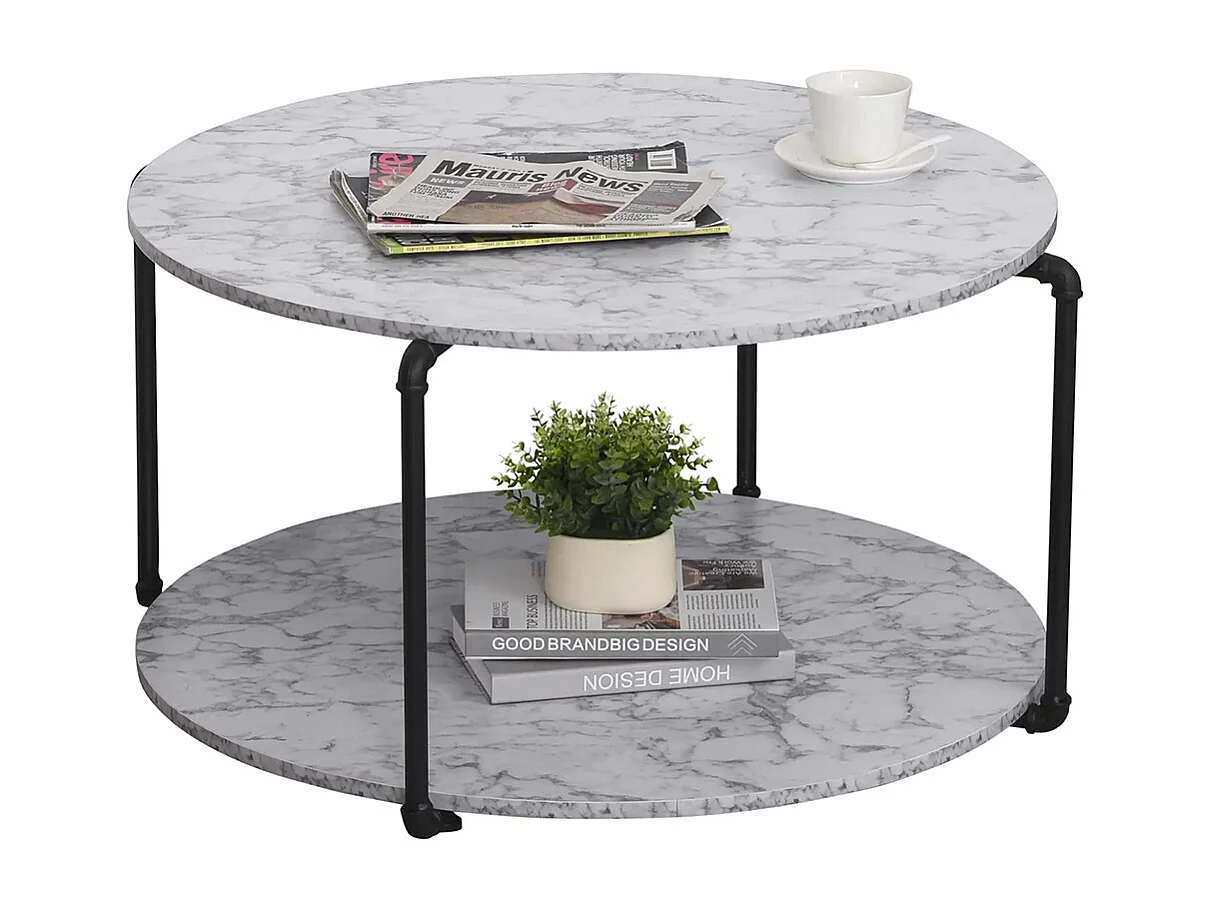 Table Basse Ronde avec étagère dim. Ø 80 x 45H cm Panneaux Particules Imitation marbre Blanc métal Noir