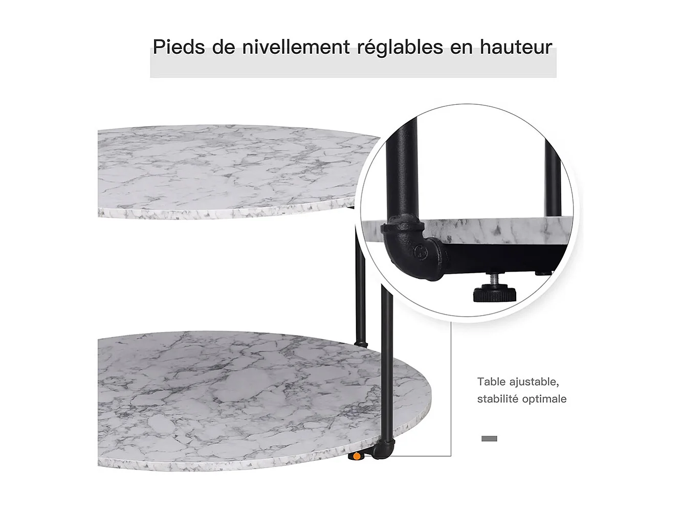 Table Basse Ronde avec étagère dim. Ø 80 x 45H cm Panneaux Particules Imitation marbre Blanc métal Noir