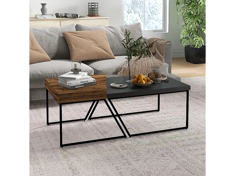 Lot de 2 tables basses design industriel géométrique - effet bois et acier noir