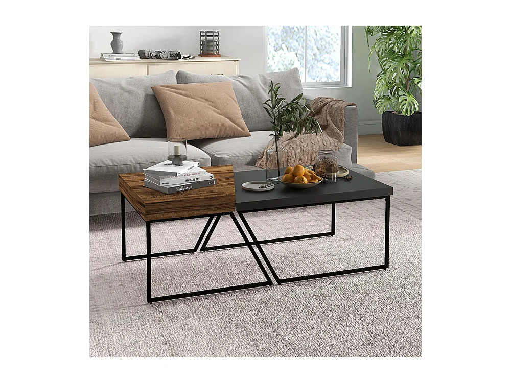 Lot de 2 tables basses design industriel géométrique - effet bois et acier noir