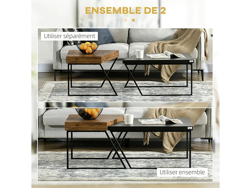 Lot de 2 tables basses design industriel géométrique - effet bois et acier noir