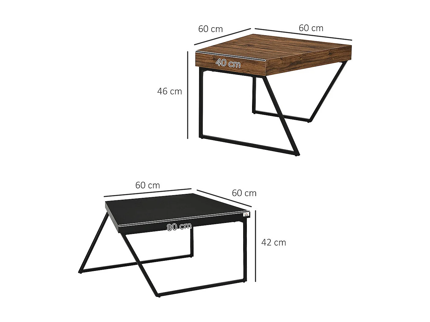 Lot de 2 tables basses design industriel géométrique - effet bois et acier noir