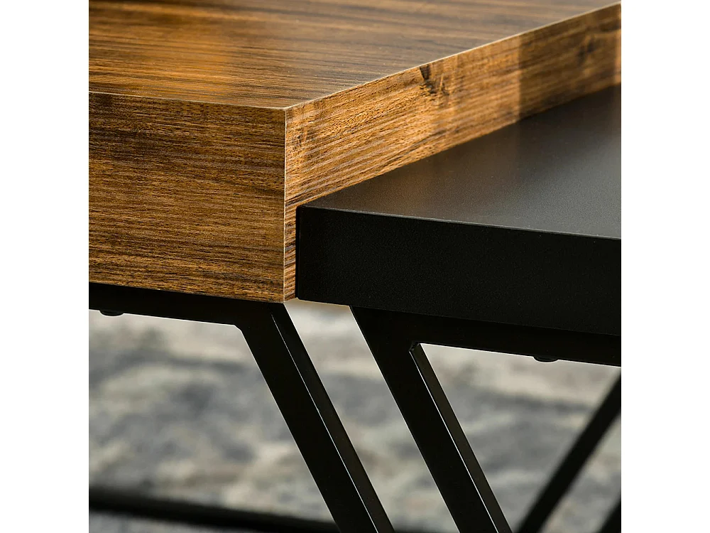 Lot de 2 tables basses design industriel géométrique - effet bois et acier noir