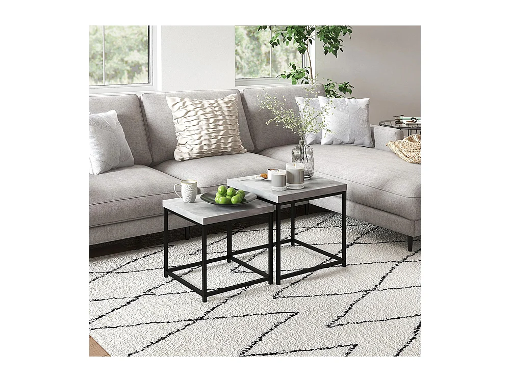 Lot de 2 tables gigognes tables basses carrées tables de salon cadre en acier et plateaux en bois gris