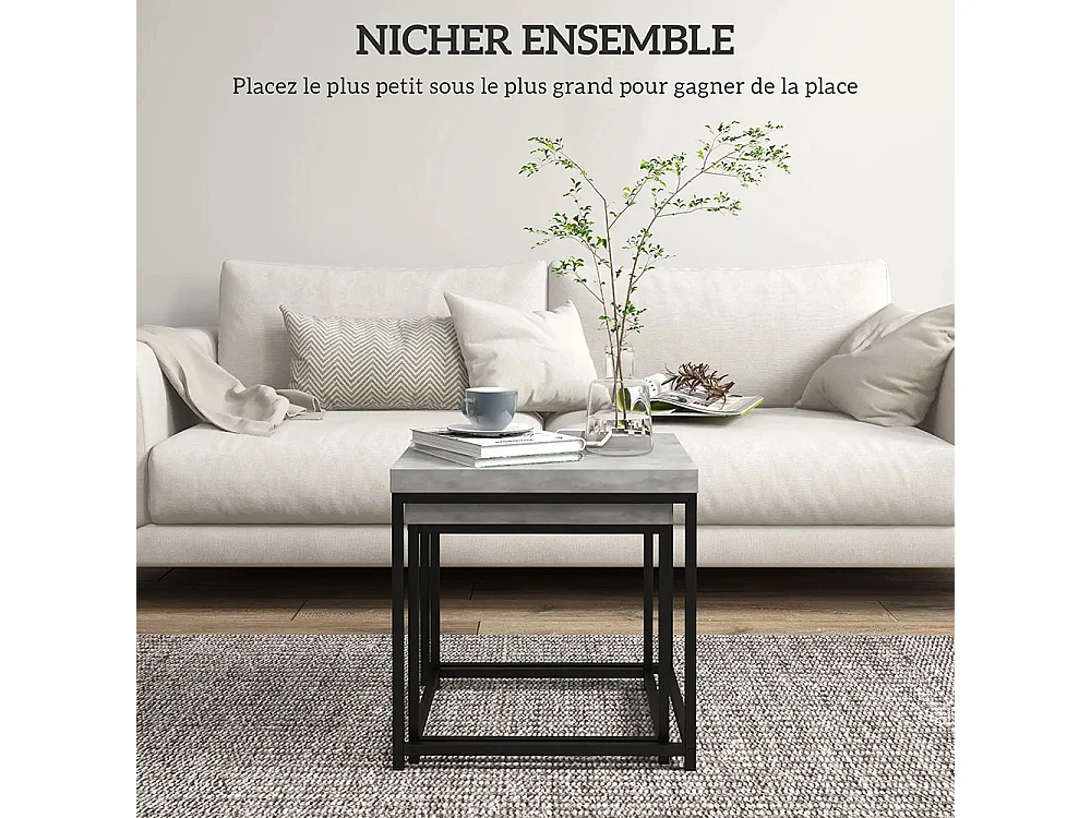 Lot de 2 tables gigognes tables basses carrées tables de salon cadre en acier et plateaux en bois gris