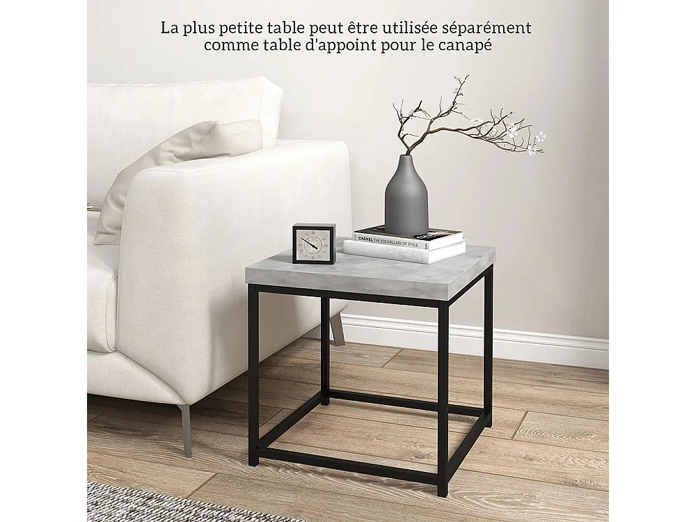 Lot de 2 tables gigognes tables basses carrées tables de salon cadre en acier et plateaux en bois gris