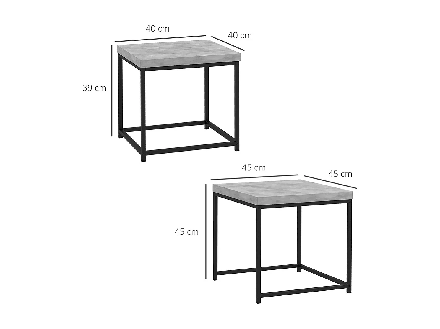 Lot de 2 tables gigognes tables basses carrées tables de salon cadre en acier et plateaux en bois gris