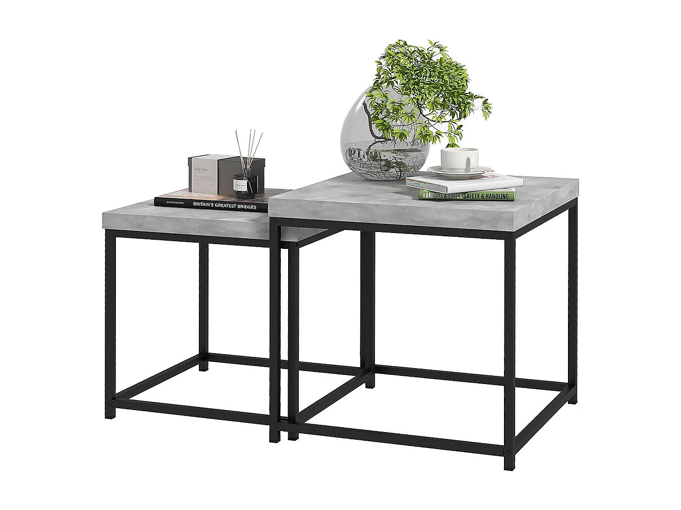 Lot de 2 tables gigognes tables basses carrées tables de salon cadre en acier et plateaux en bois gris