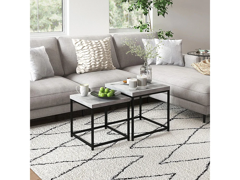 Lot de 2 tables gigognes tables basses carrées tables de salon cadre en acier et plateaux en bois gris