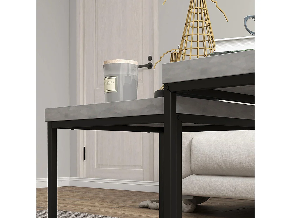 Lot de 2 tables gigognes tables basses carrées tables de salon cadre en acier et plateaux en bois gris