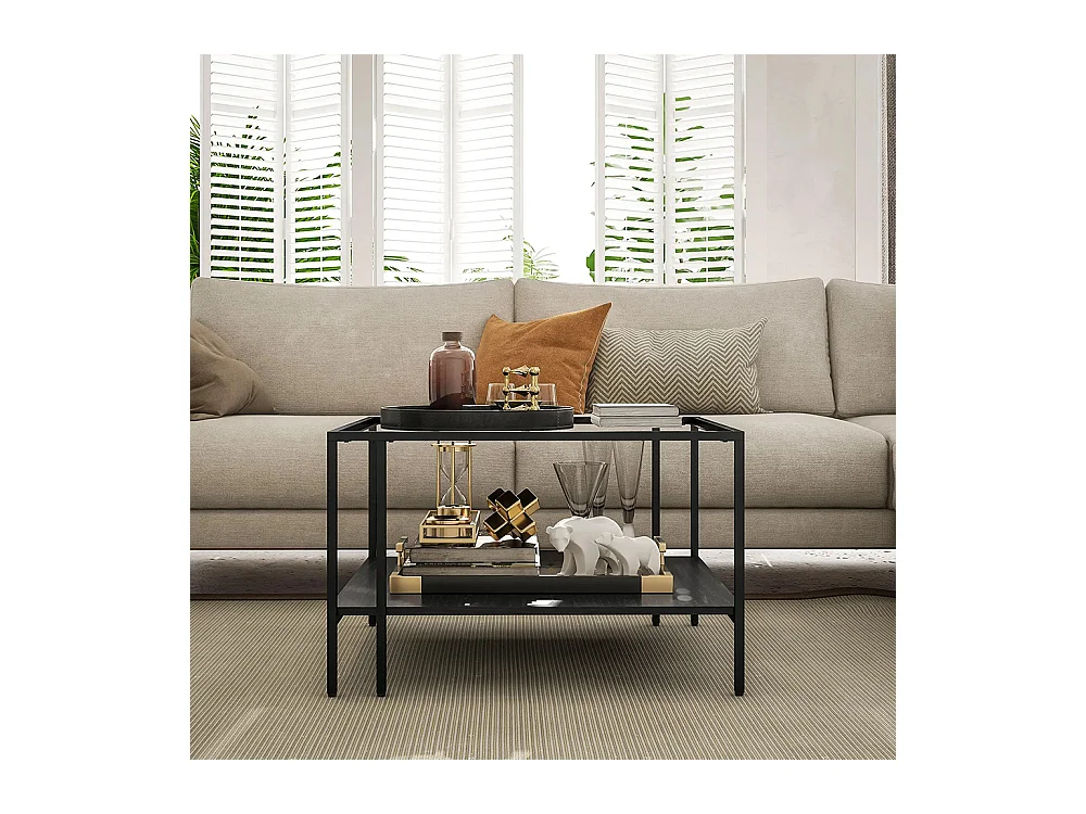 Table basse carrée 2 niveaux avec plateau en verre trempé, 1 étagère, design minimaliste, 73l x 73P x 46,5H cm, noir