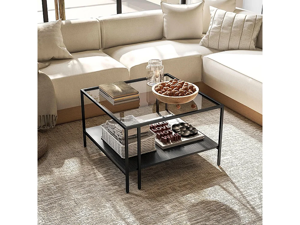 Table basse carrée 2 niveaux avec plateau en verre trempé, 1 étagère, design minimaliste, 73l x 73P x 46,5H cm, noir