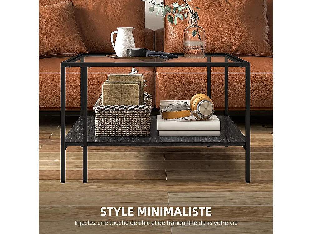 Table basse carrée 2 niveaux avec plateau en verre trempé, 1 étagère, design minimaliste, 73l x 73P x 46,5H cm, noir
