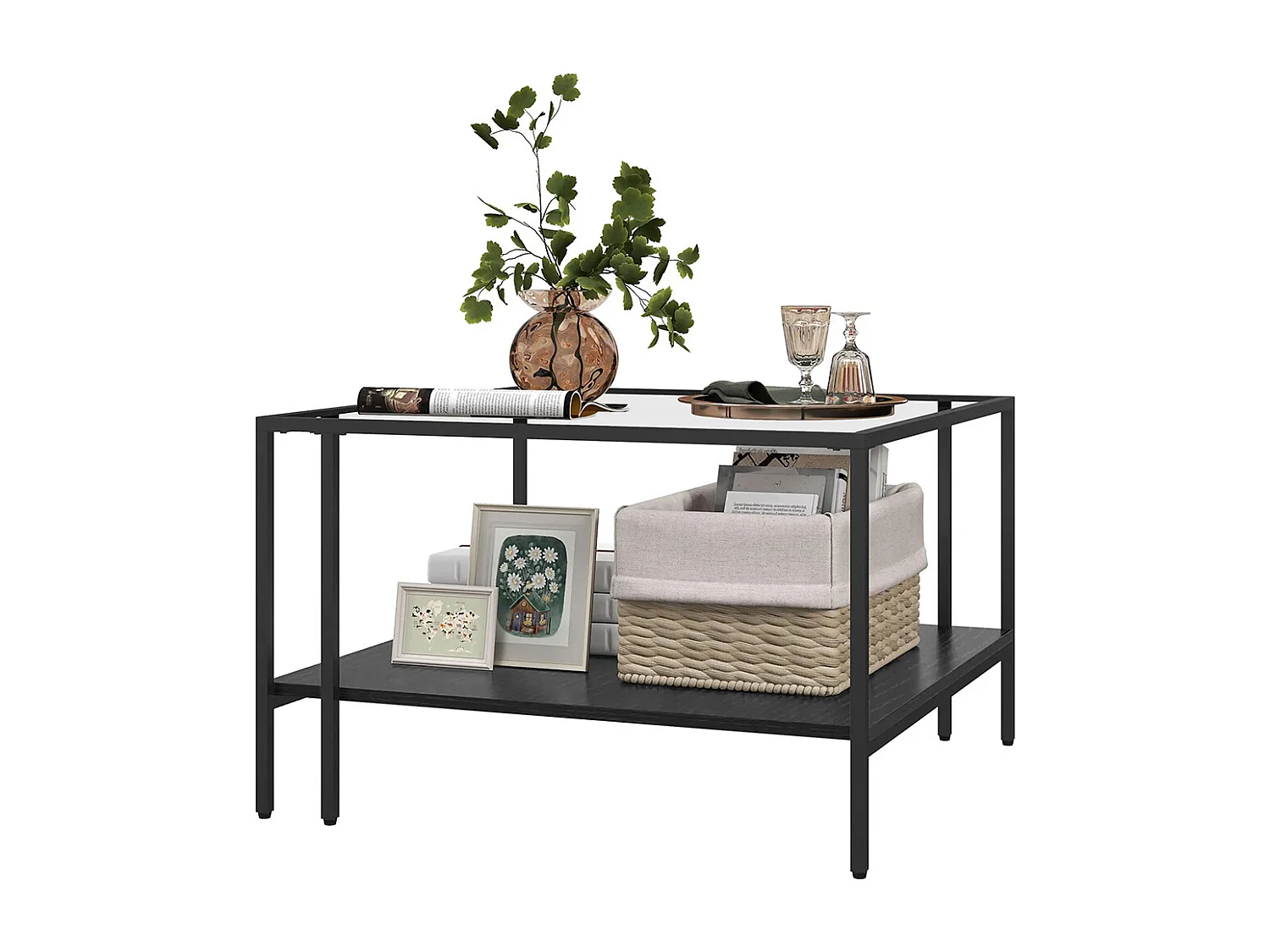 Table basse carrée 2 niveaux avec plateau en verre trempé, 1 étagère, design minimaliste, 73l x 73P x 46,5H cm, noir
