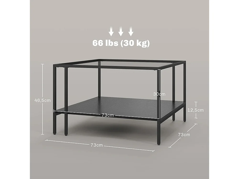 Table basse carrée 2 niveaux avec plateau en verre trempé, 1 étagère, design minimaliste, 73l x 73P x 46,5H cm, noir