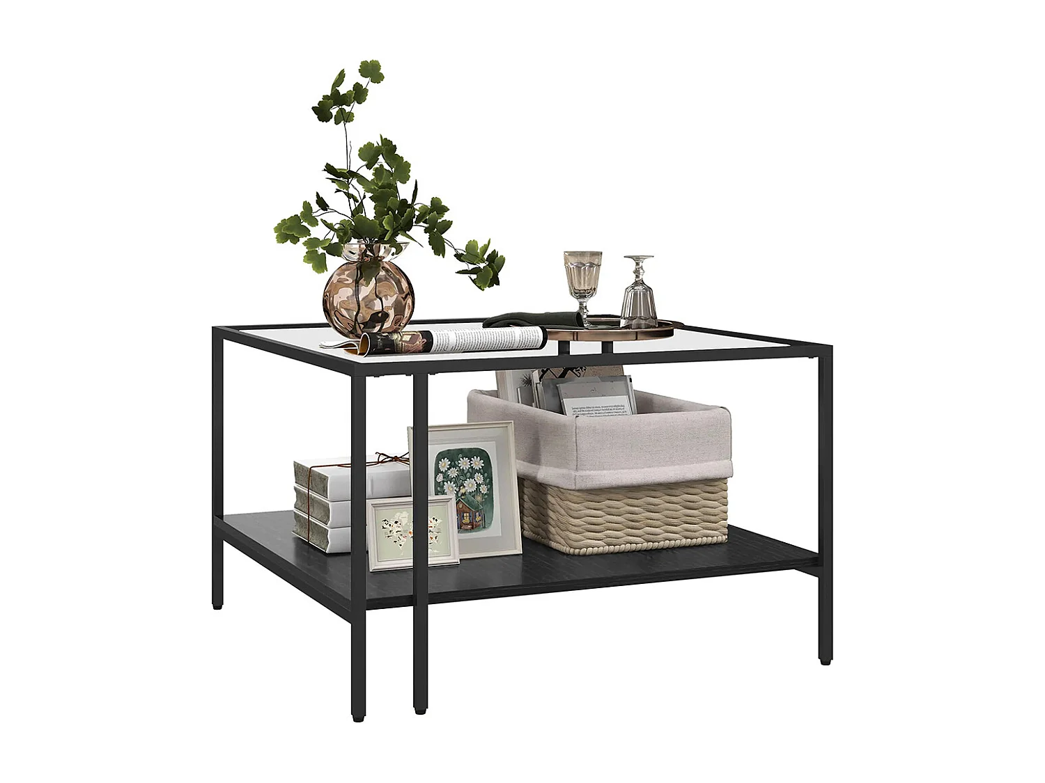 Table basse carrée 2 niveaux avec plateau en verre trempé, 1 étagère, design minimaliste, 73l x 73P x 46,5H cm, noir