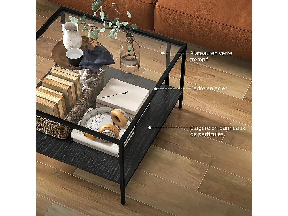 Table basse carrée 2 niveaux avec plateau en verre trempé, 1 étagère, design minimaliste, 73l x 73P x 46,5H cm, noir