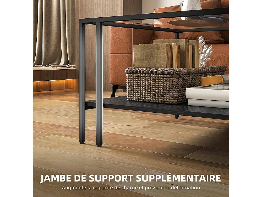 Table basse carrée 2 niveaux avec plateau en verre trempé, 1 étagère, design minimaliste, 73l x 73P x 46,5H cm, noir