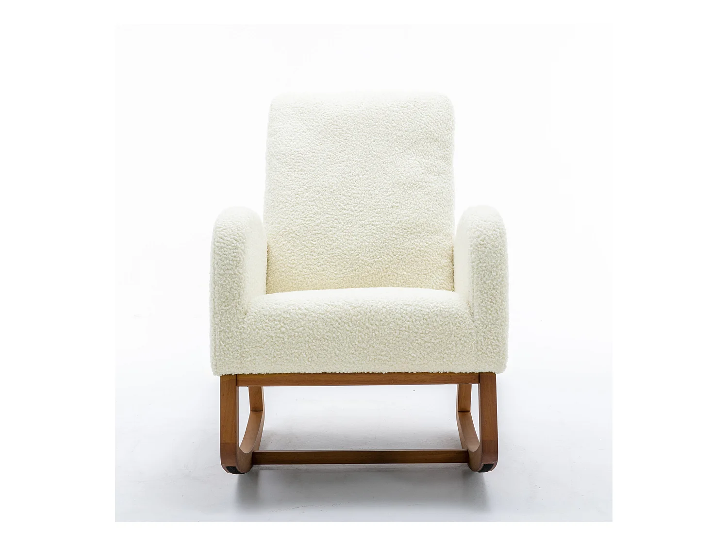 Schommelstoel met hoge rugleuning, lange armleuningen en bruine poten, witte teddystof