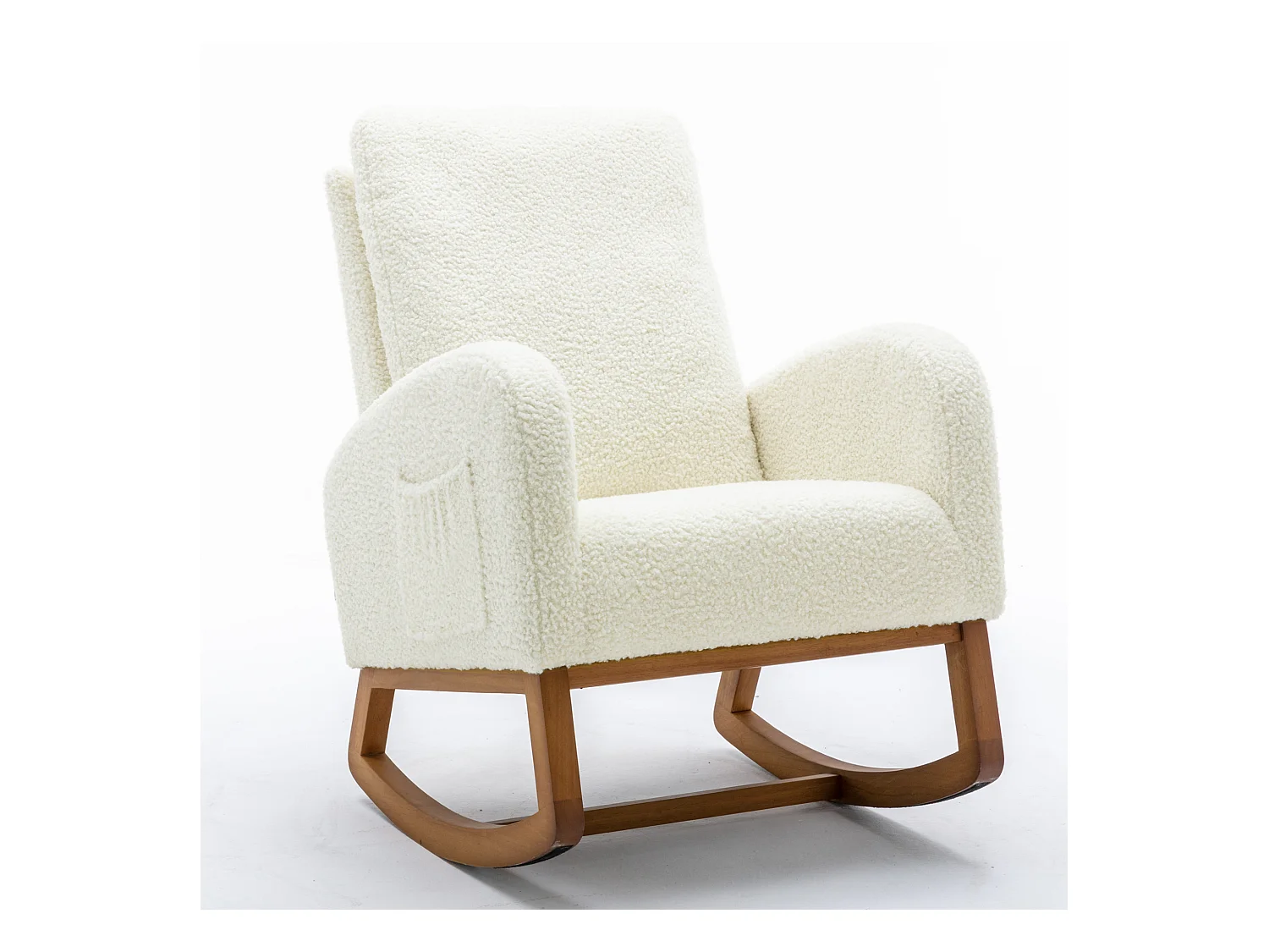 Schommelstoel met hoge rugleuning, lange armleuningen en bruine poten, witte teddystof