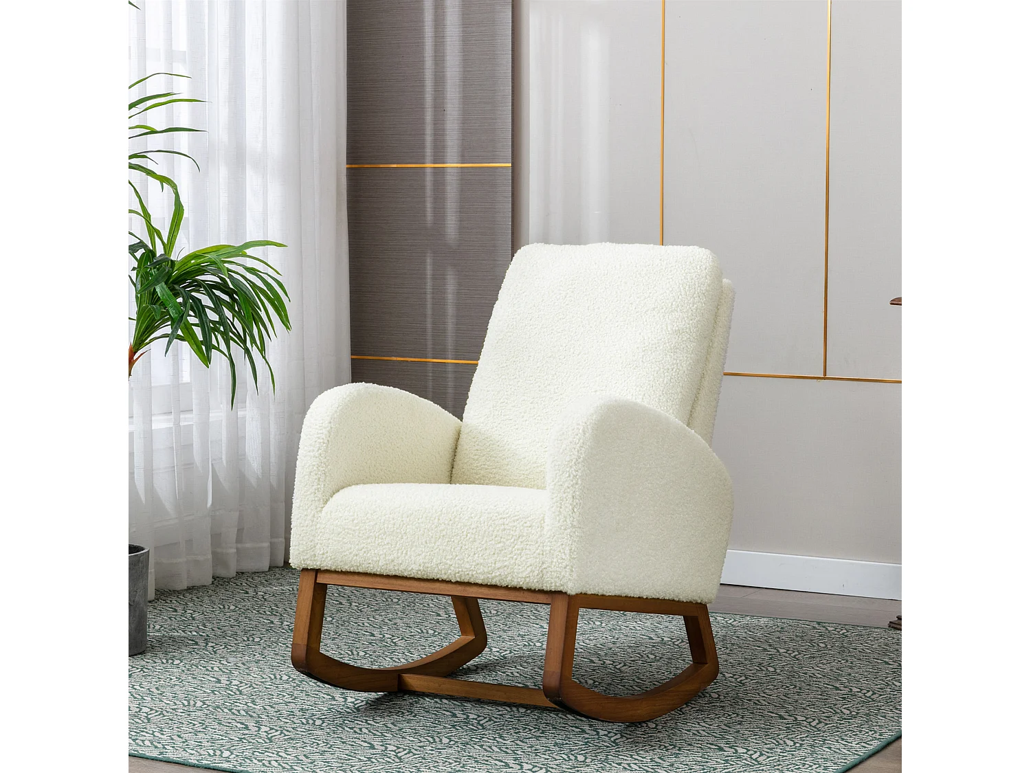 Rocking chair à dossier haut et accoudoirs longs avec pieds marron, tissu teddy blanc