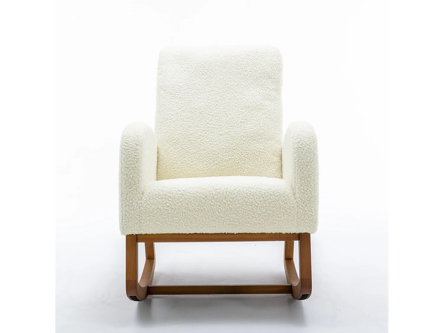Rocking chair à dossier haut et accoudoirs longs avec pieds marron, tissu teddy blanc