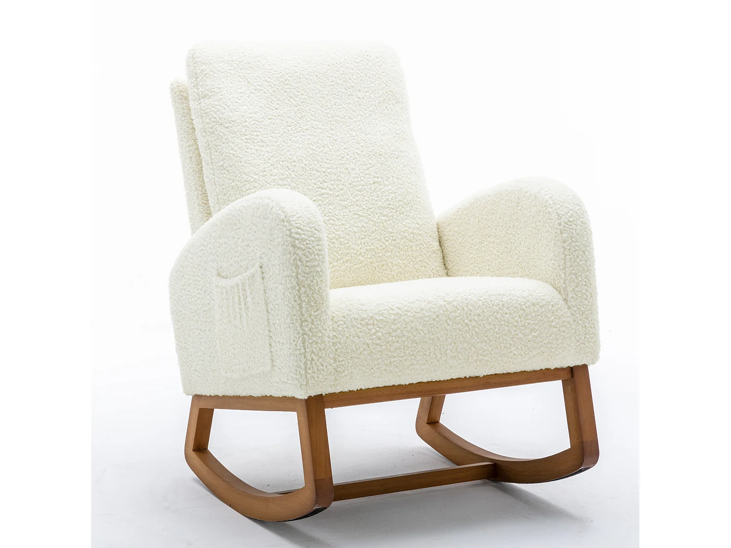 Rocking chair à dossier haut et accoudoirs longs avec pieds marron, tissu teddy blanc