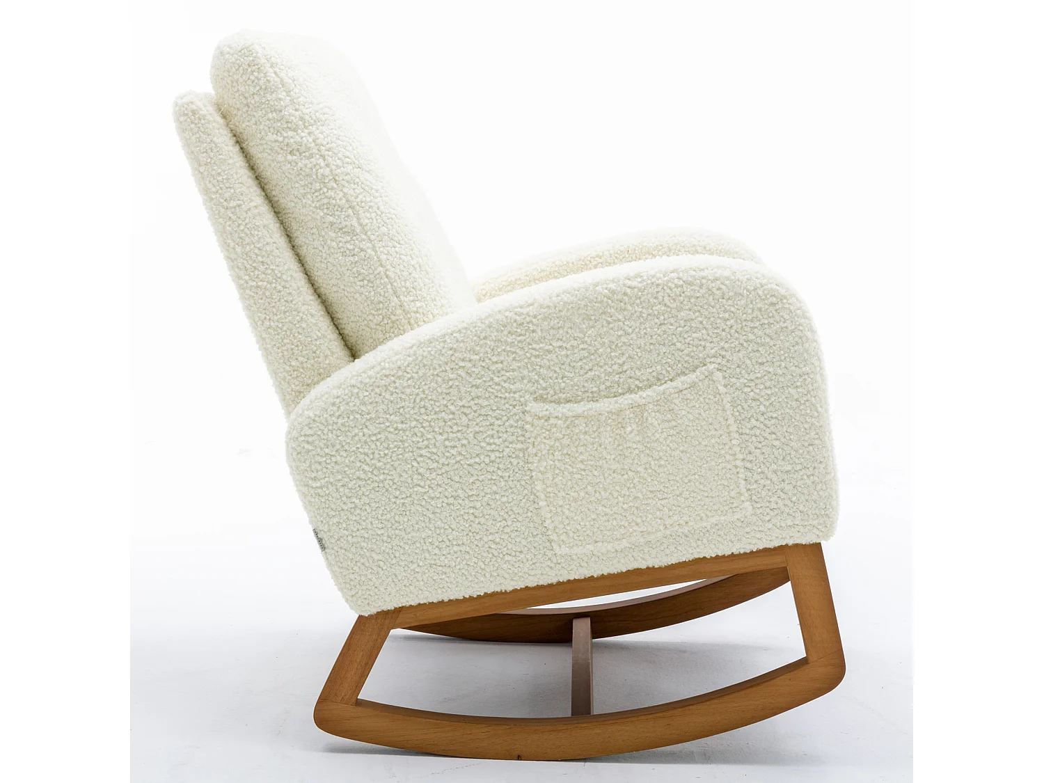 Rocking chair à dossier haut et accoudoirs longs avec pieds marron, tissu teddy blanc