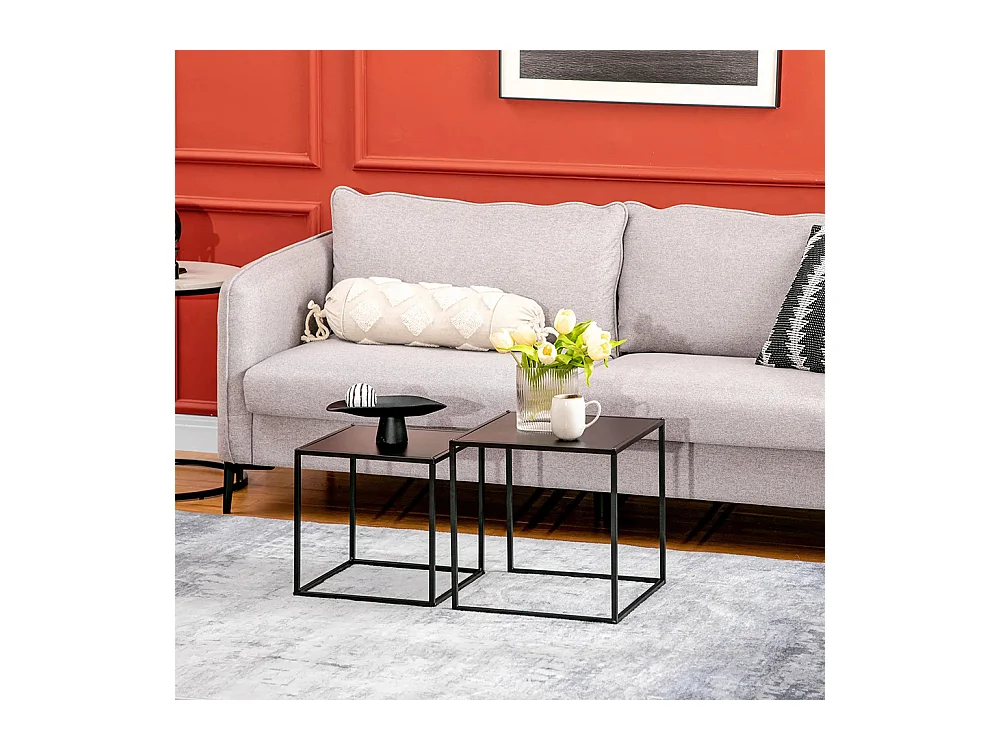 Lot de 2 tables basses gigognes carrées style industriel en métal noir mat - dim. 40 et 35 cm