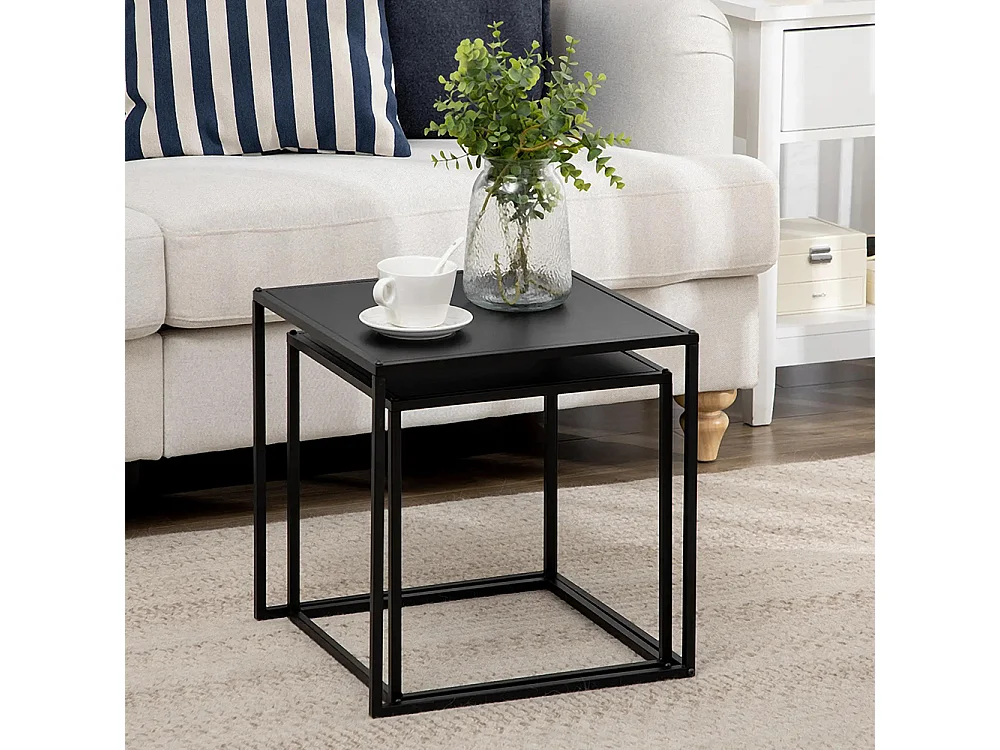Lot de 2 tables basses gigognes carrées style industriel en métal noir mat - dim. 40 et 35 cm