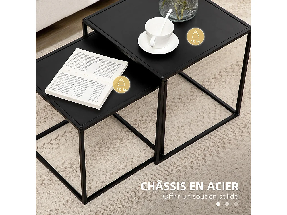 Lot de 2 tables basses gigognes carrées style industriel en métal noir mat - dim. 40 et 35 cm