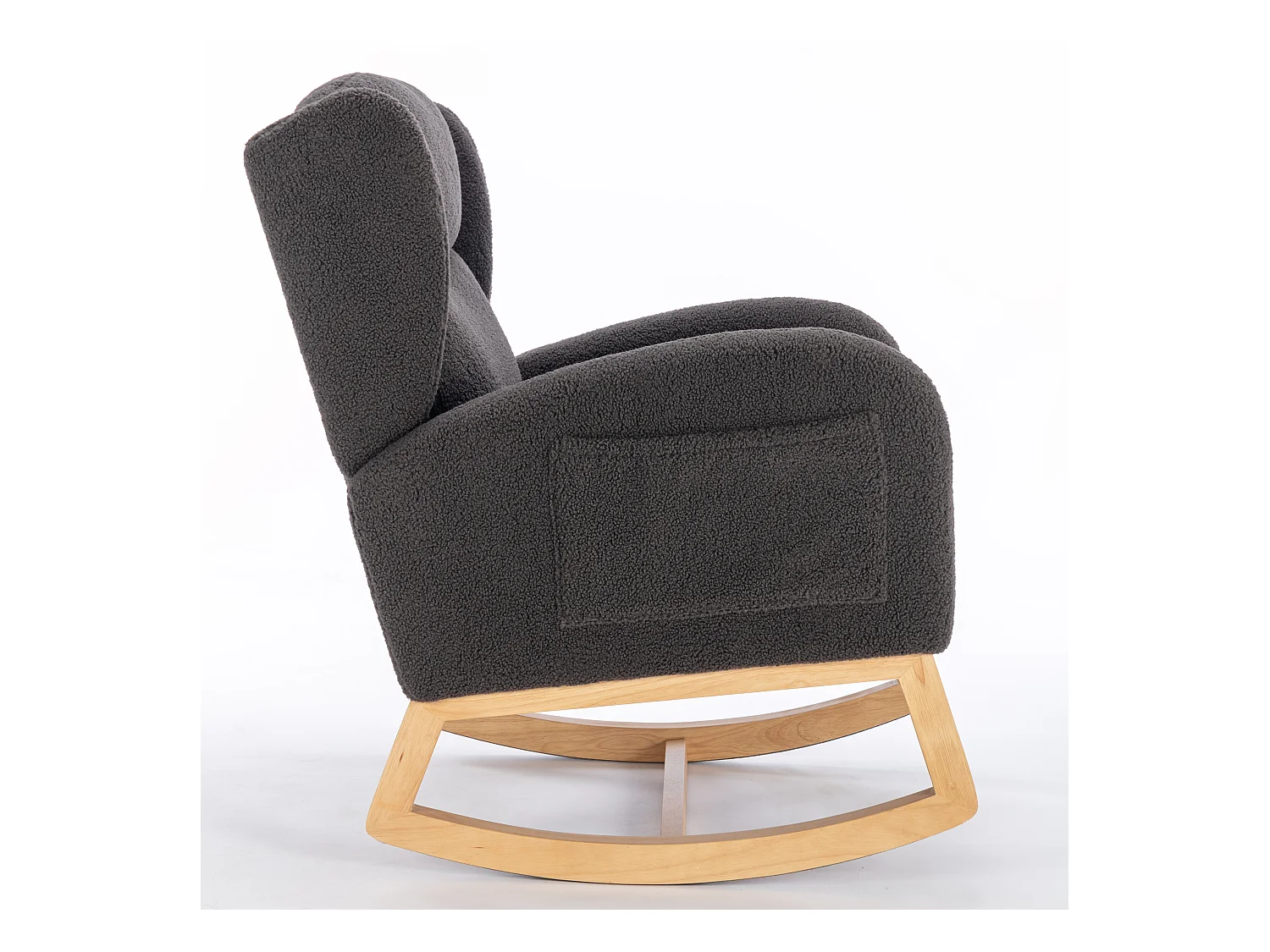 Schommelstoel in donkergrijze Teddy-stof met zijvakken, houten frame, 96,5 x 71 x 101 cm