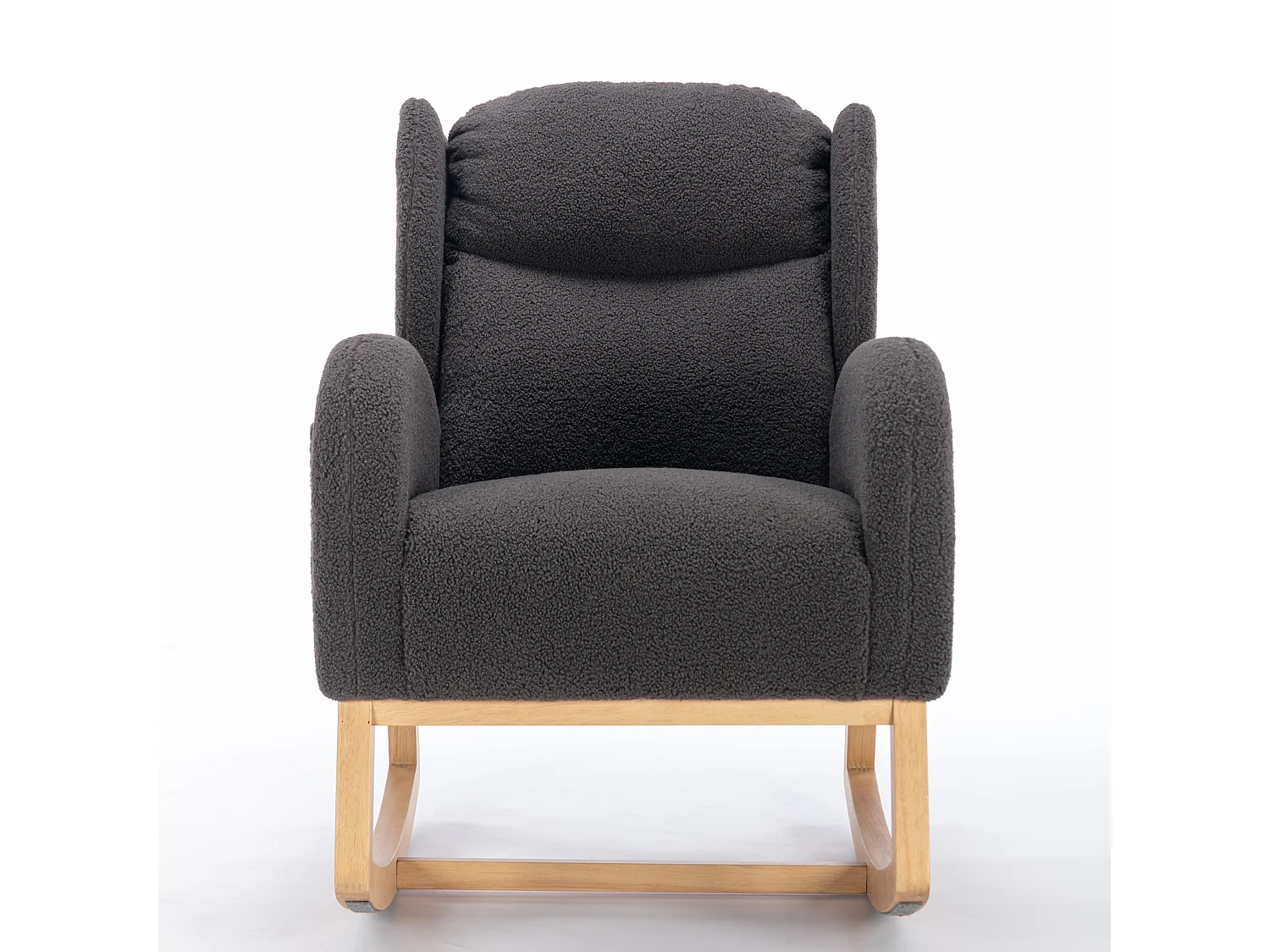 Rocking chair en tissu Teddy gris foncé avec poches latérales, structure en bois, 96,5 x 71 x 101 cm