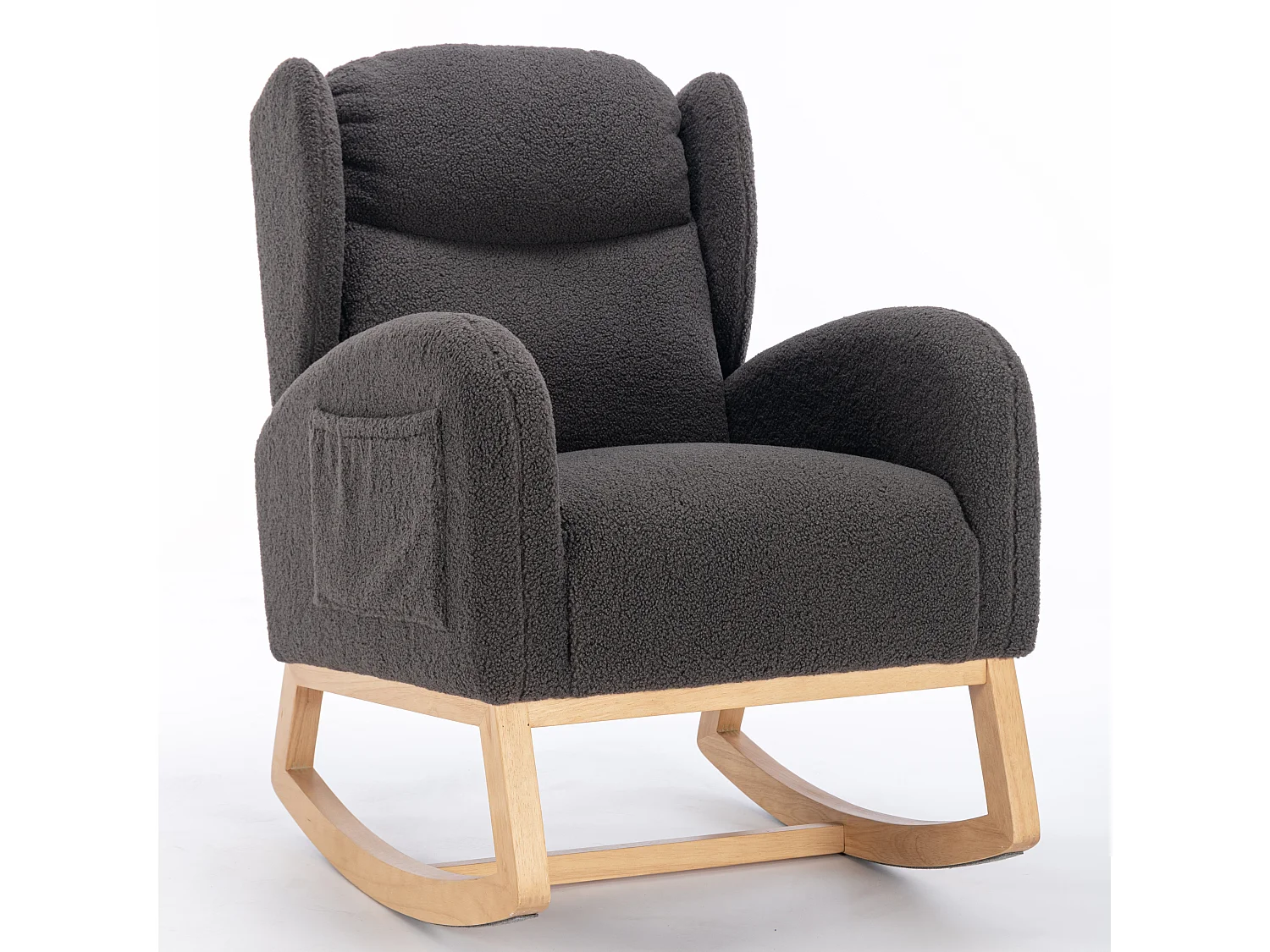 Rocking chair en tissu Teddy gris foncé avec poches latérales, structure en bois, 96,5 x 71 x 101 cm