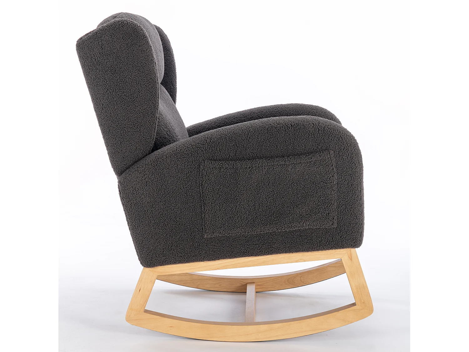 Rocking chair en tissu Teddy gris foncé avec poches latérales, structure en bois, 96,5 x 71 x 101 cm