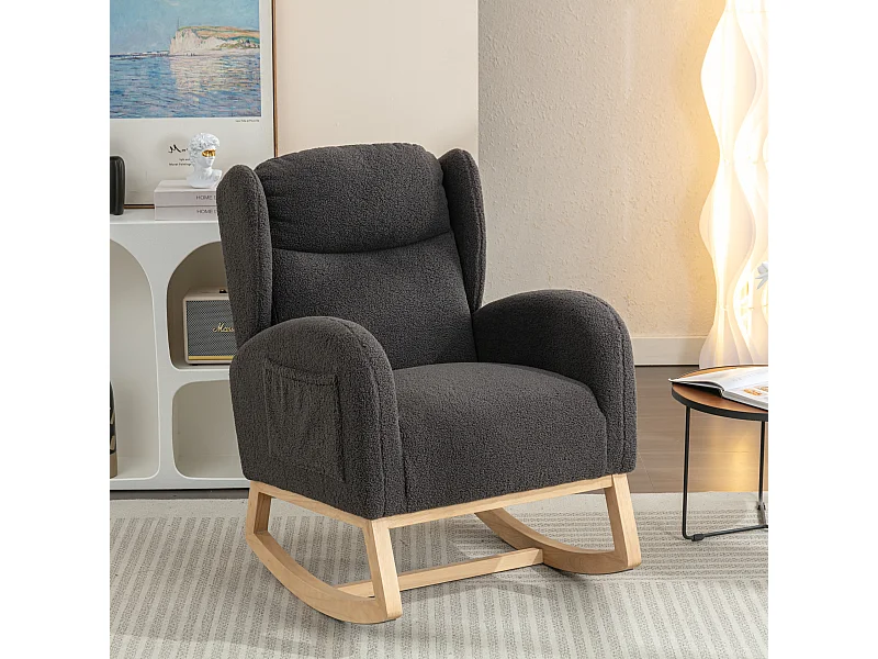 Schommelstoel in donkergrijze Teddy-stof met zijvakken, houten frame, 96,5 x 71 x 101 cm