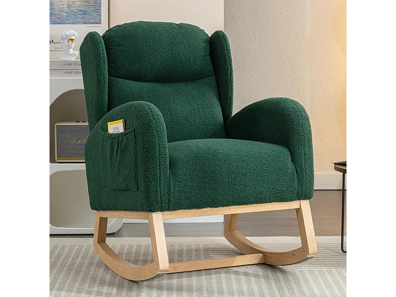 Rocking chair en tissu Teddy vert avec poches latérales, structure en bois, 96,5 x 71 x 101 cm